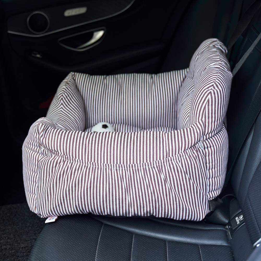"Ultimate Dog Car Seat: Travel in Style and Safety with Pet Booster Seat and Storage Pocket (Coffee Stripe)"