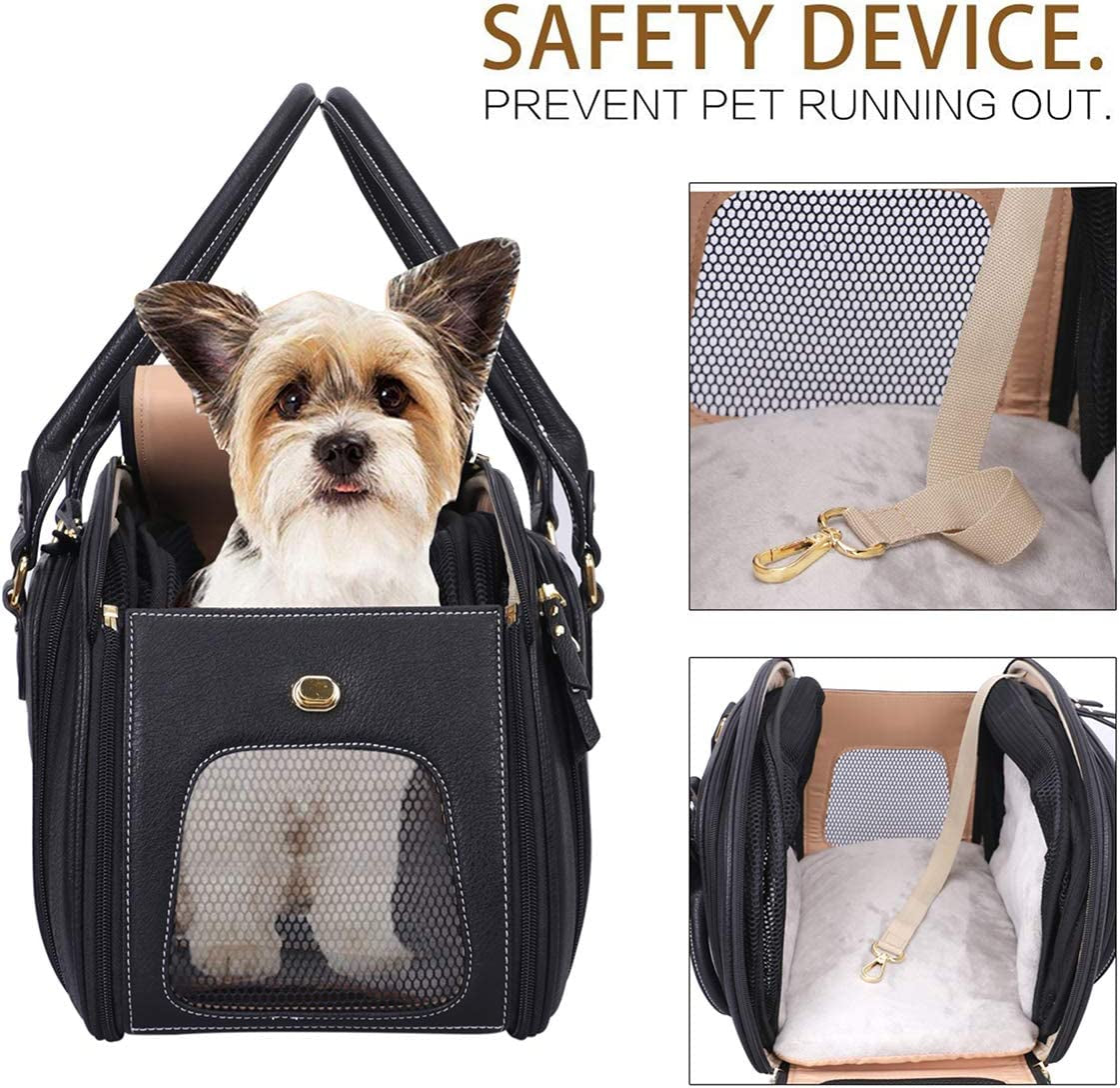 "Luxury Leather Pet Carrier - Stylish, Expandable, and Airline Approved for Cats and Small Dogs - Perfect for Home and Outdoor Travel"