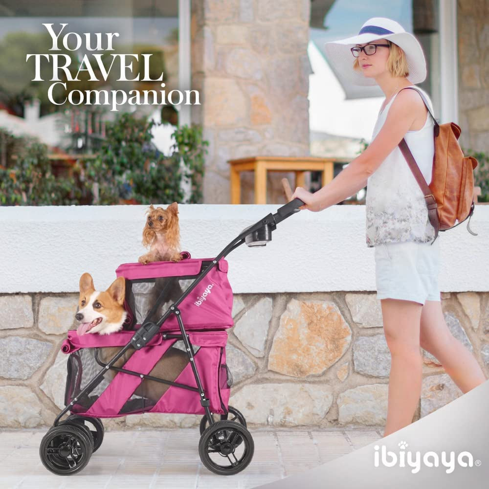 "Deluxe Double Pet Stroller: Stylish Red Velvet Design for Twin or Multiple Small and Medium Pets - Lightweight, Sturdy, and Foldable with Mesh Windows - Perfect for Dogs and Cats!"