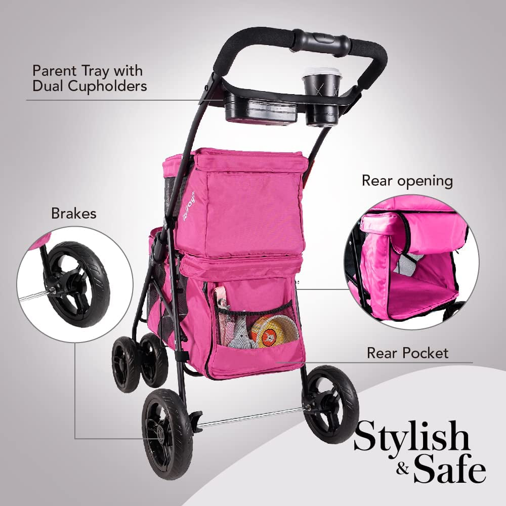 "Deluxe Double Pet Stroller: Stylish Red Velvet Design for Twin or Multiple Small and Medium Pets - Lightweight, Sturdy, and Foldable with Mesh Windows - Perfect for Dogs and Cats!"