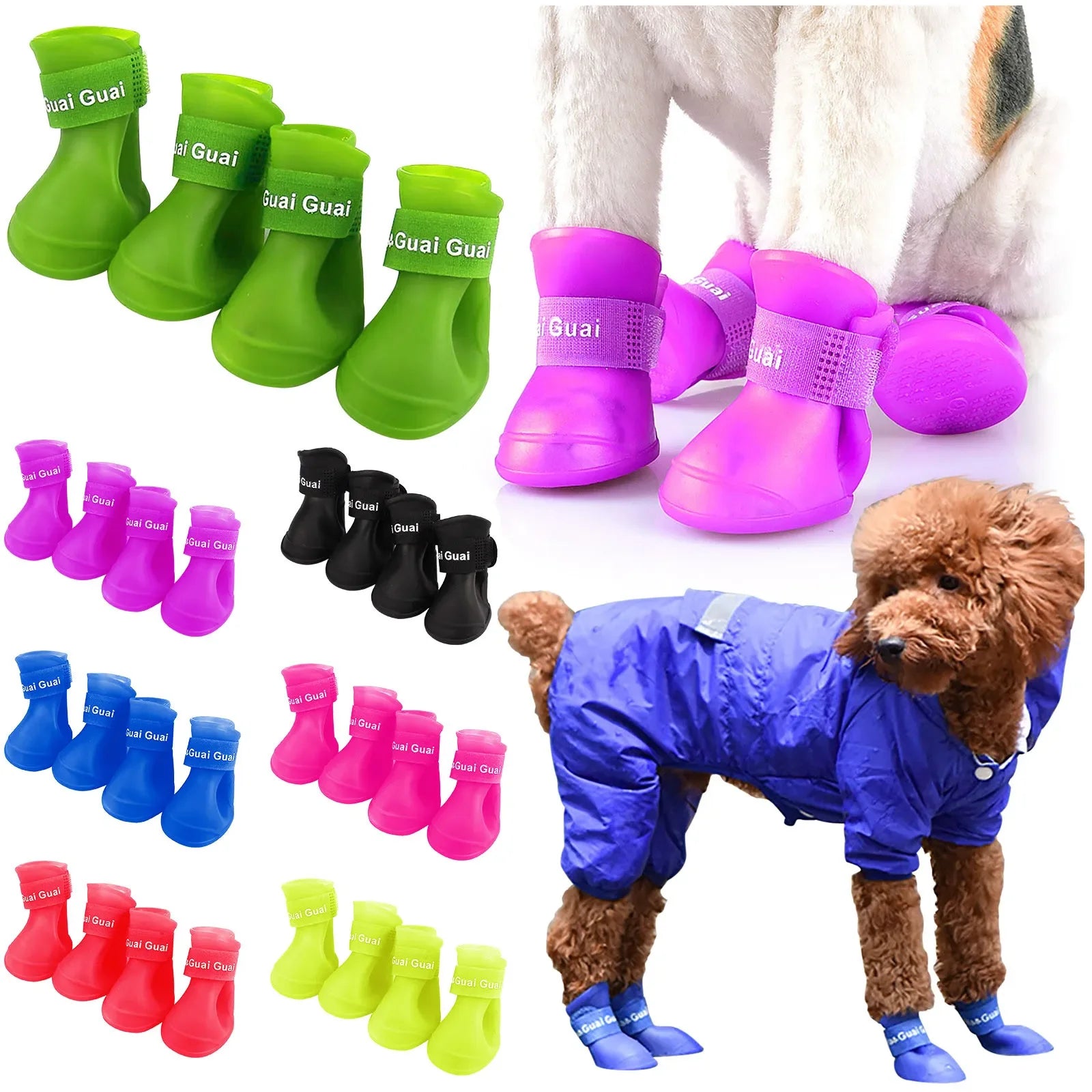 "Keep Your Pet's Paws Dry and Safe with our 4Pcs/Set Waterproof Anti-Slip Pet Rain Shoes - Perfect for Outdoor Adventures!"
