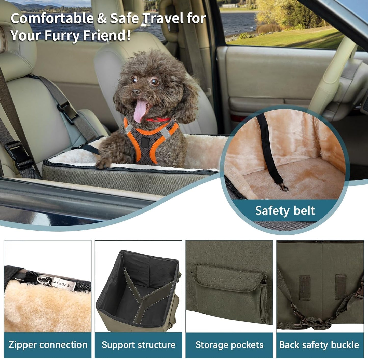 "Travel in Style and Safety with our Small Dog/Cat Booster Seat - Perfect for Cars, Trucks, and SUVs! (Dark Brown, with Convenient Pockets)"