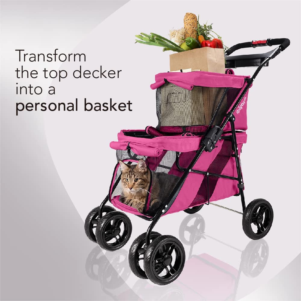 "Deluxe Double Pet Stroller: Stylish Red Velvet Design for Twin or Multiple Small and Medium Pets - Lightweight, Sturdy, and Foldable with Mesh Windows - Perfect for Dogs and Cats!"