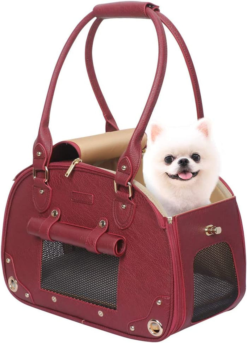 "Stylish Wine Red Pet Carrier Purse - Luxury Foldable Waterproof Leather Bag for Cats and Small Dogs - Perfect for Home and Outdoor Travel!"