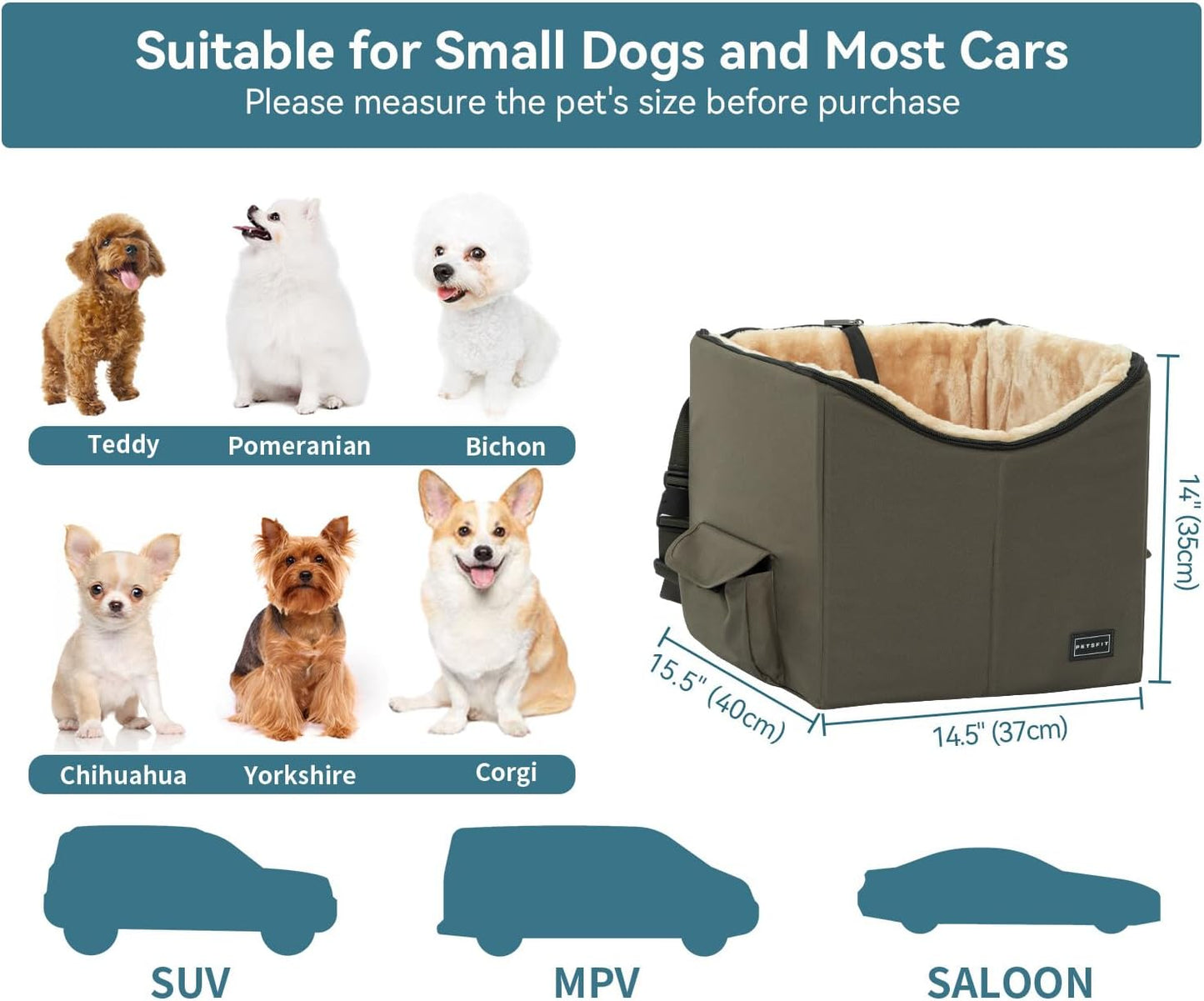 "Travel in Style and Safety with our Small Dog/Cat Booster Seat - Perfect for Cars, Trucks, and SUVs! (Dark Brown, with Convenient Pockets)"