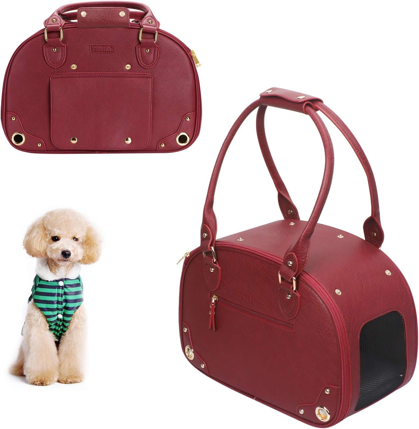"Stylish Wine Red Pet Carrier Purse - Luxury Foldable Waterproof Leather Bag for Cats and Small Dogs - Perfect for Home and Outdoor Travel!"