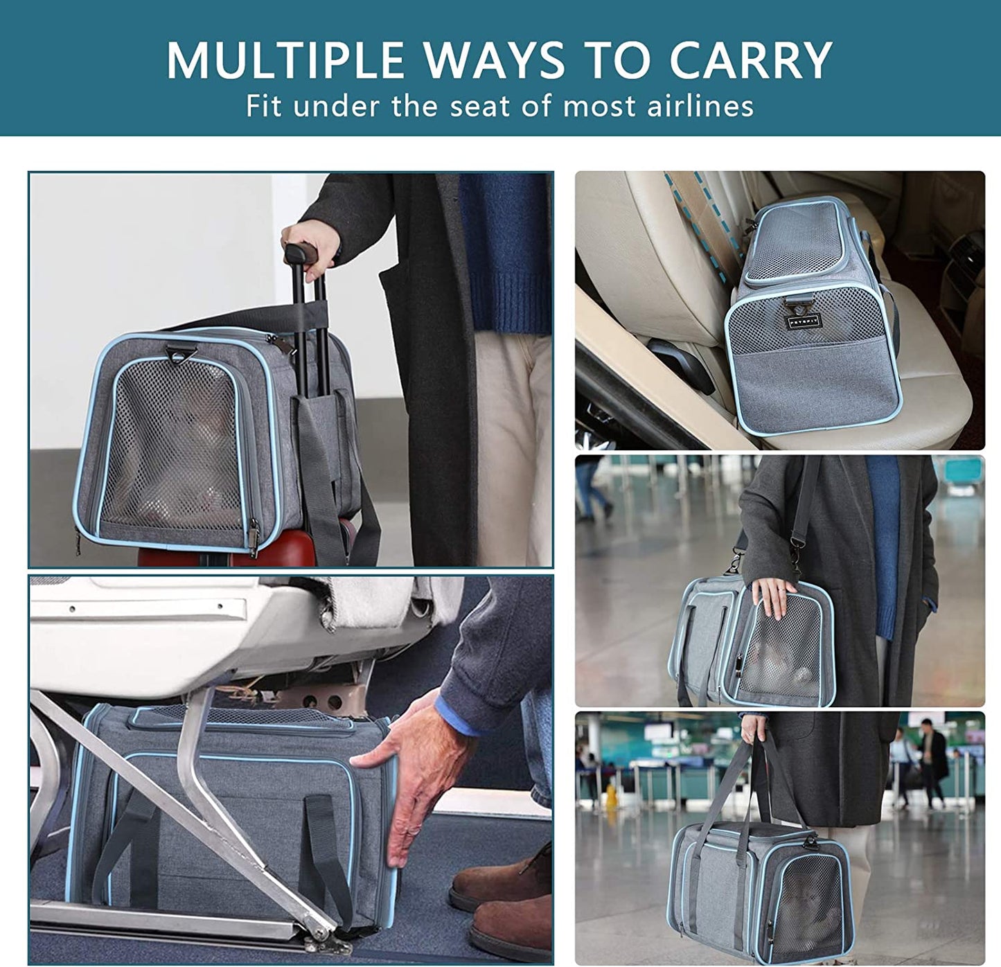 "Ultimate Comfort and Convenience: Expandable Cat and Dog Carrier - Airline Approved, Washable, and Portable - Perfect for Kittens, Puppies, and Small Pets - Includes Removable Plush Mat and Pockets - Secure Locking Safety Zippers"
