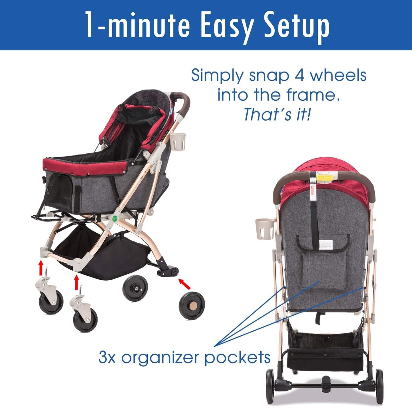 "Pet Rover Lite: The Ultimate Lightweight Stroller for Small and Medium Pets - Ruby Red 2nd-Gen Edition"