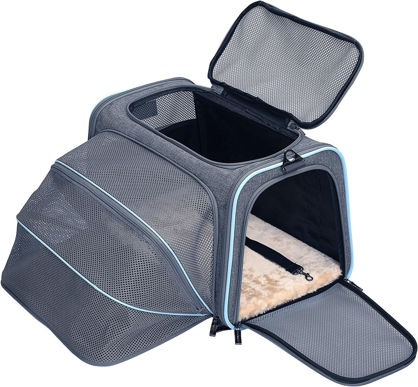 "Ultimate Comfort and Convenience: Expandable Cat and Dog Carrier - Airline Approved, Washable, and Portable - Perfect for Kittens, Puppies, and Small Pets - Includes Removable Plush Mat and Pockets - Secure Locking Safety Zippers"