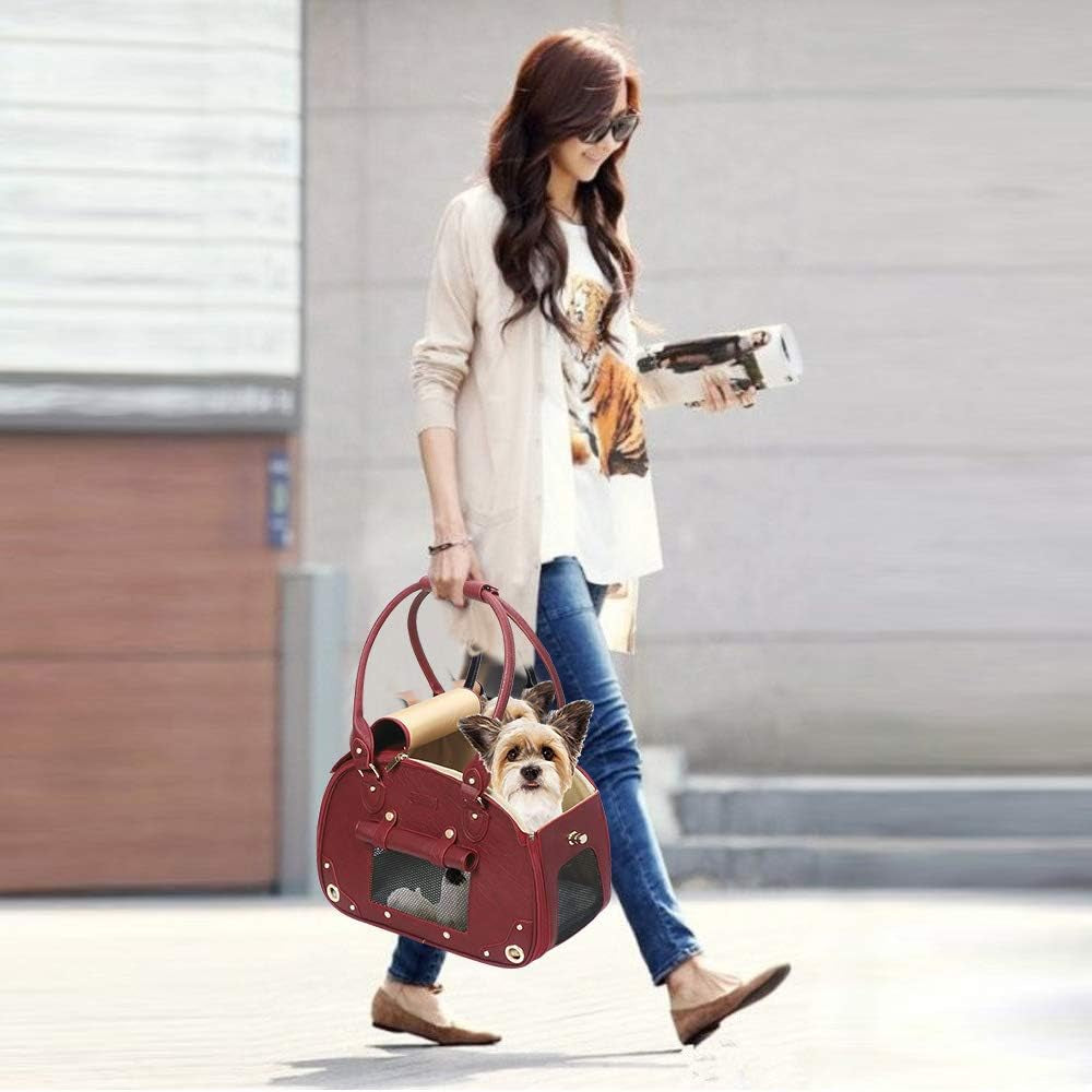 "Stylish Wine Red Pet Carrier Purse - Luxury Foldable Waterproof Leather Bag for Cats and Small Dogs - Perfect for Home and Outdoor Travel!"