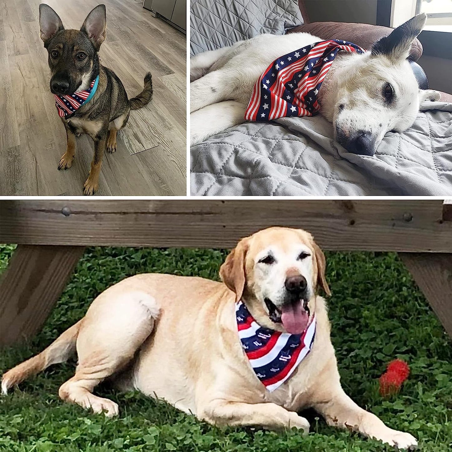 "Patriotic American Flag Dog Bandanas - Show off your dog's patriotic spirit on Independence Day and beyond! Multiple sizes available for medium to large dogs."