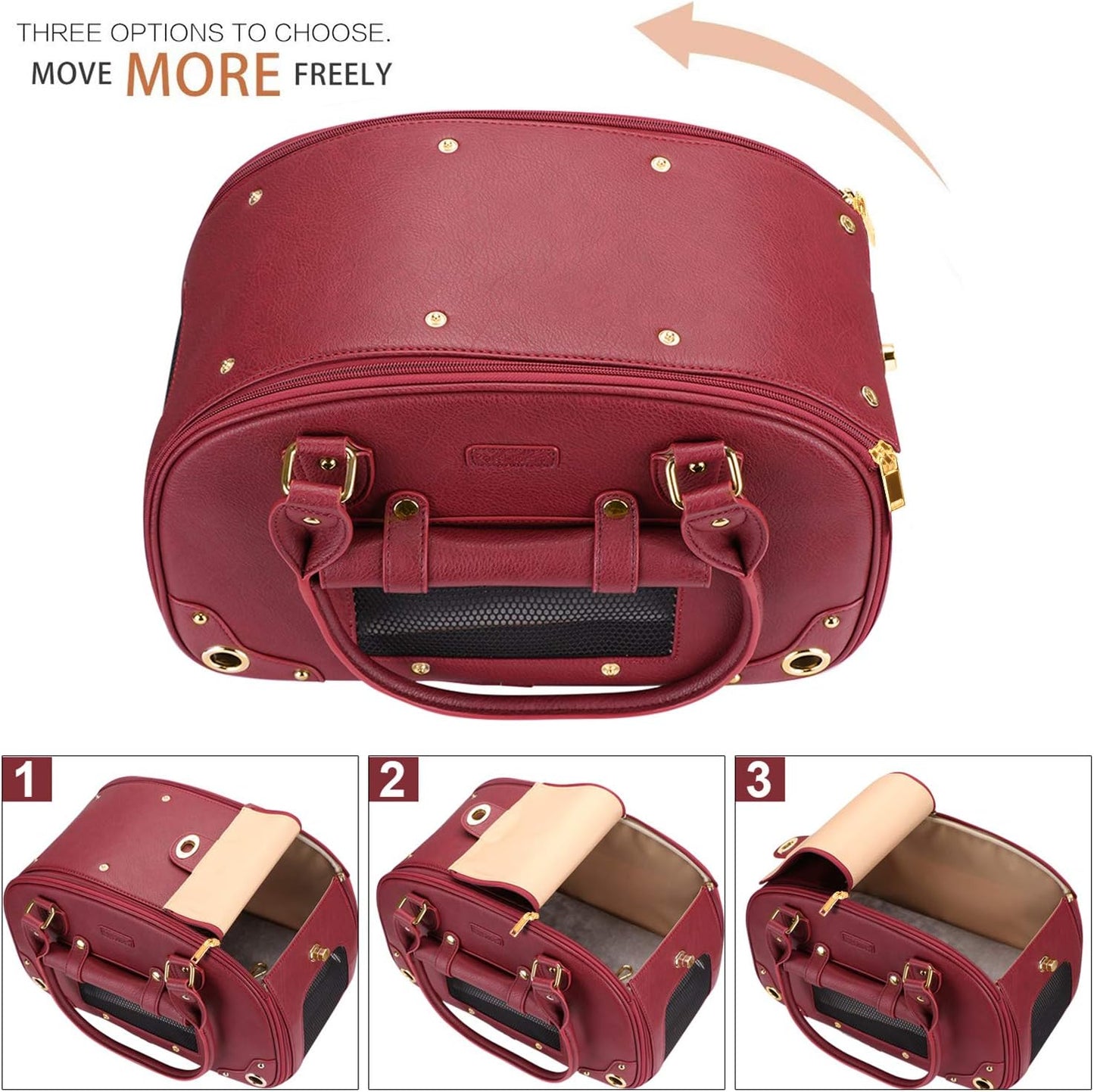 "Stylish Wine Red Pet Carrier Purse - Luxury Foldable Waterproof Leather Bag for Cats and Small Dogs - Perfect for Home and Outdoor Travel!"