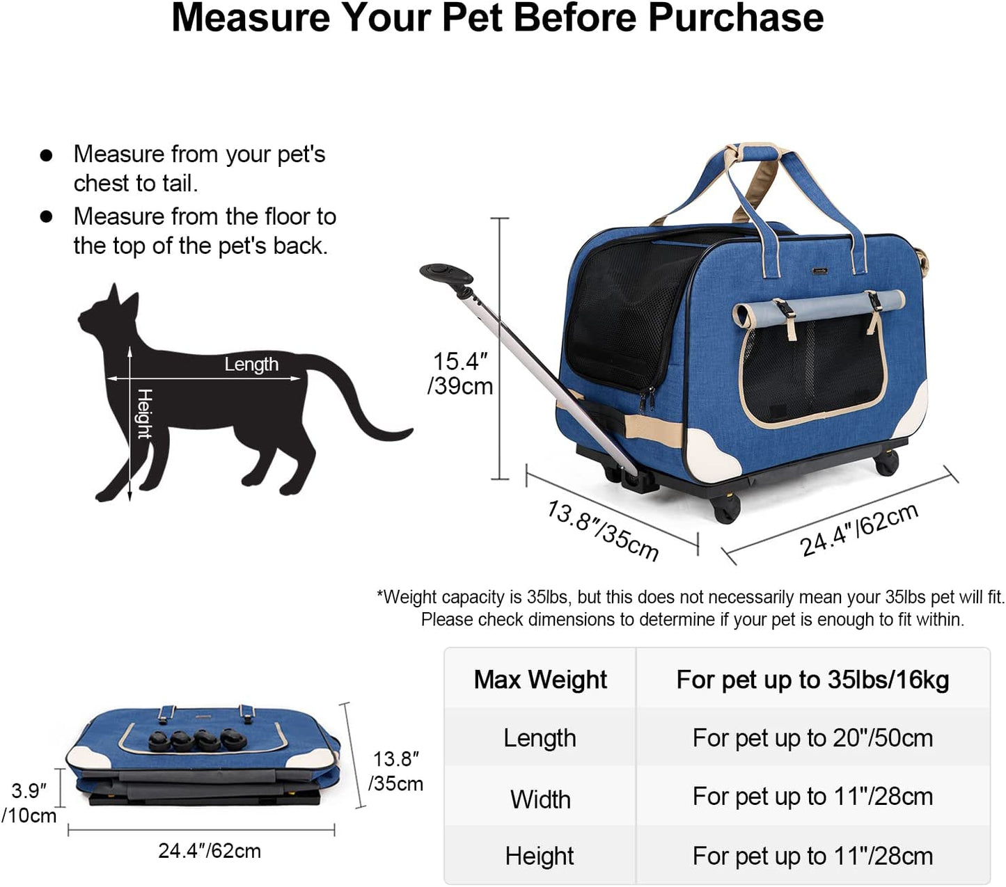 "Ultimate Comfort and Convenience: Deluxe Rolling Pet Carrier for Small to Medium Pets up to 35 lbs - Upgraded Material with Sponge Filling, Durable Handle, and Flexible Wheels - Breathable and Collapsible Design"