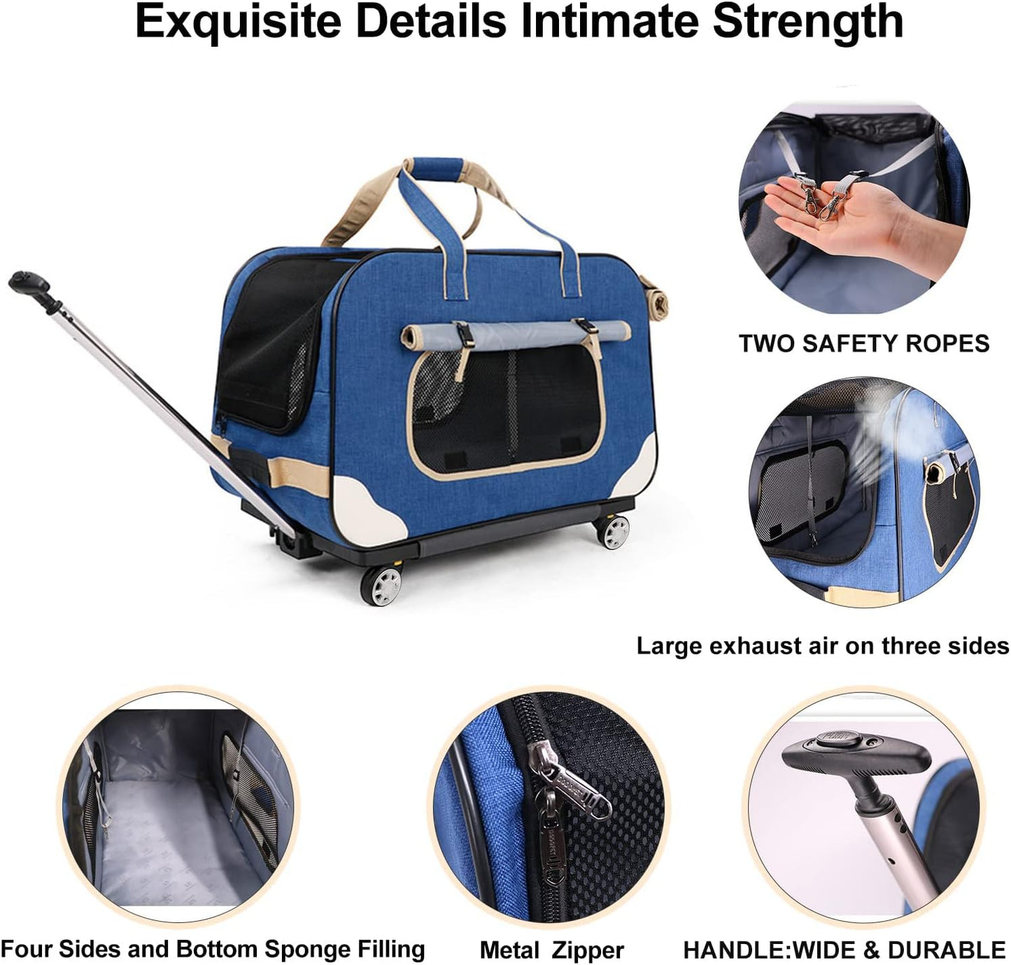 "Ultimate Comfort and Convenience: Deluxe Rolling Pet Carrier with Upgraded Sponge Filling, Sturdy Handle, and Smooth Wheels - Perfect for Small to Medium Pets up to 35 lbs!"