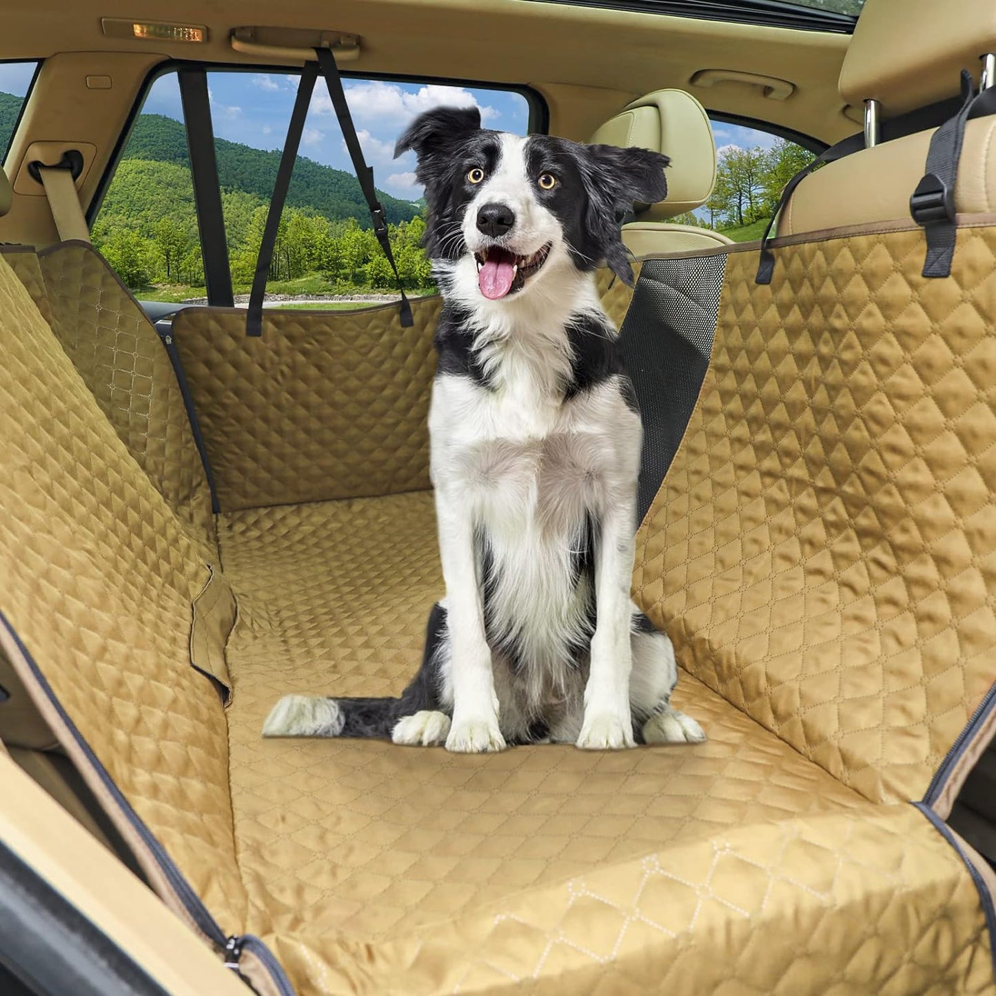 "Ultimate Dog Car Seat Cover: Protect Your Back Seat in Style with Scratchproof, Nonslip Hammock Design - Washable, Mesh Window, and Khaki Color - Ideal for Cars and Trucks!"