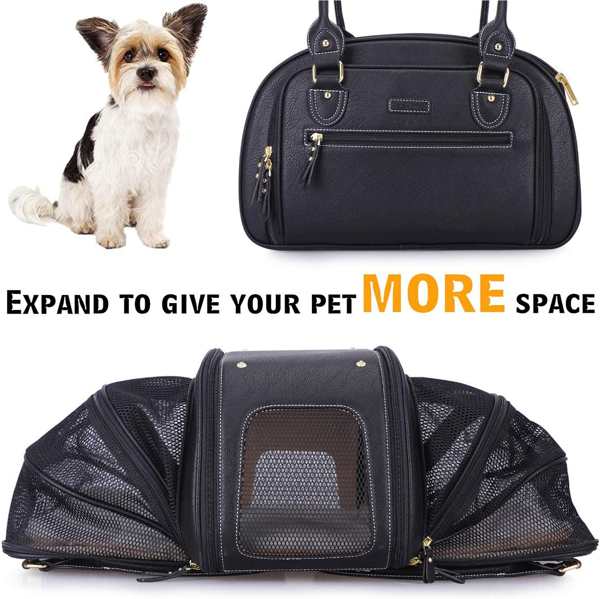 "Luxury Leather Pet Carrier - Stylish, Expandable, and Airline Approved for Cats and Small Dogs - Perfect for Home and Outdoor Travel"