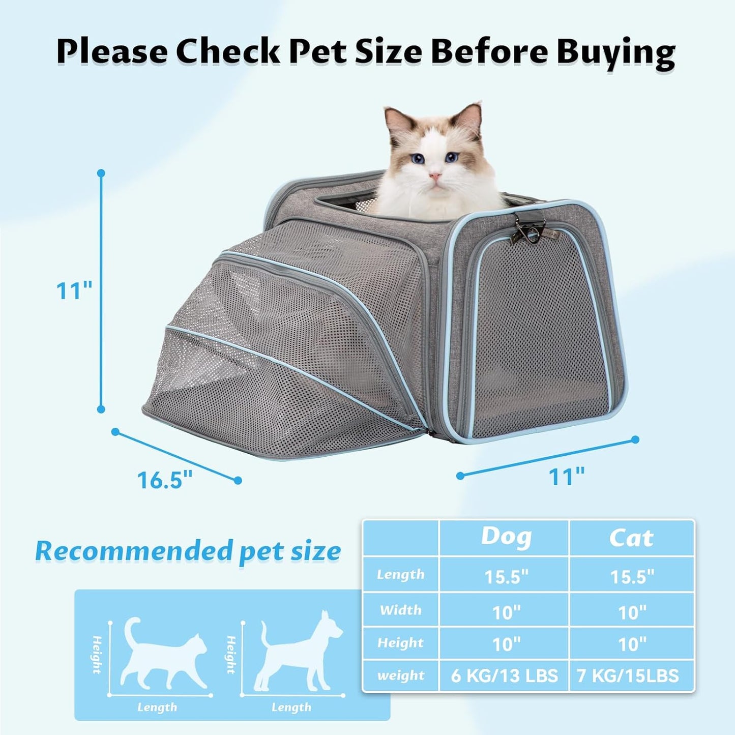 "Ultimate Comfort and Convenience: Expandable Cat and Dog Carrier - Airline Approved, Washable, and Portable - Perfect for Kittens, Puppies, and Small Pets - Includes Removable Plush Mat and Pockets - Secure Locking Safety Zippers"