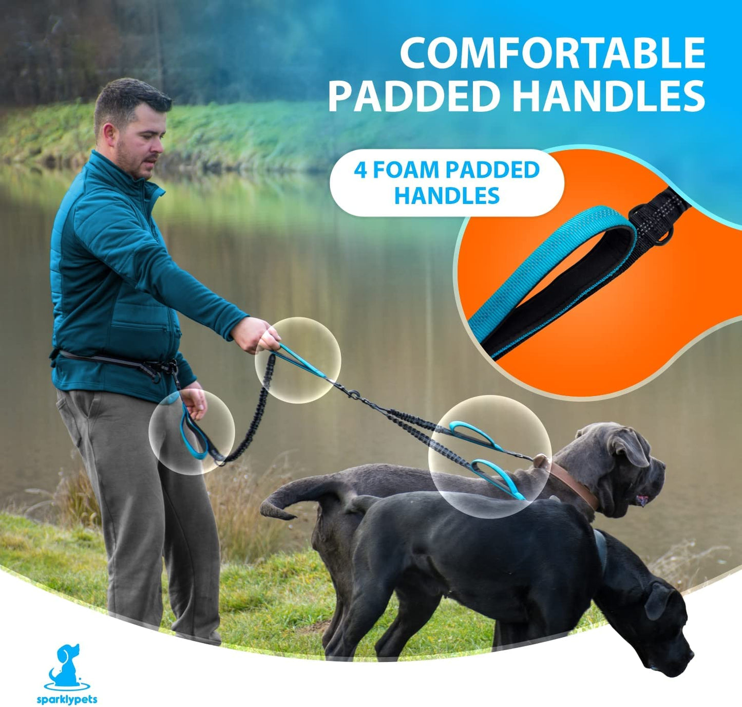 "Ultimate Hands-Free Dual Dog Leash - Perfect for Medium and Large Dogs! Padded Handles, Reflective Stitches, No-Pull Design, Tangle-Free Experience in Vibrant Blue!"