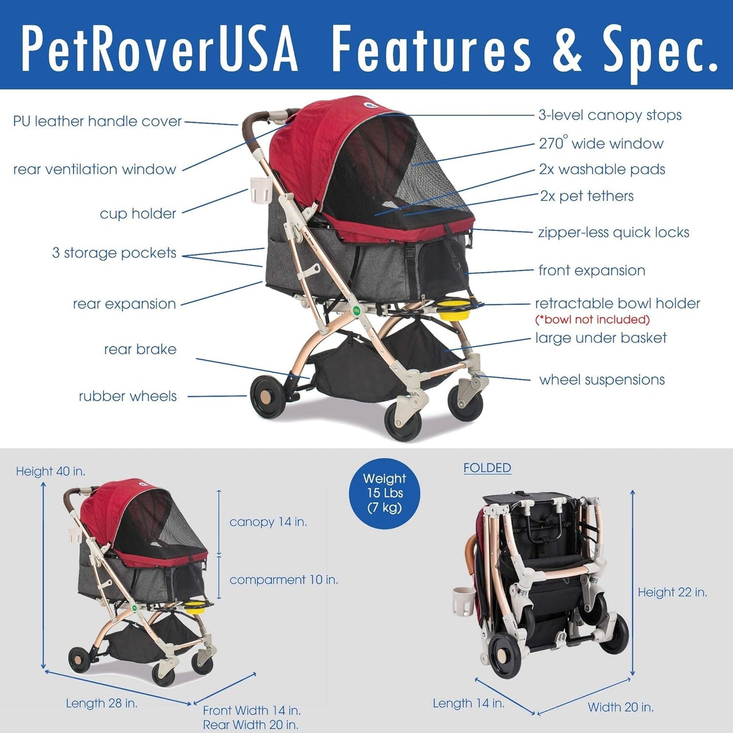 "Pet Rover Lite: The Ultimate Lightweight Stroller for Small and Medium Pets - Ruby Red 2nd-Gen Edition"