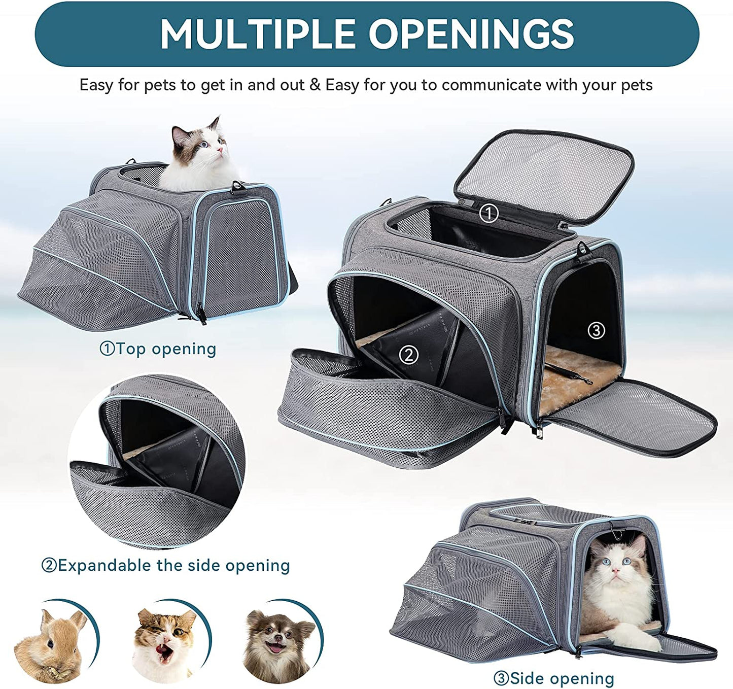 "Ultimate Comfort and Convenience: Expandable Cat and Dog Carrier - Airline Approved, Washable, and Portable - Perfect for Kittens, Puppies, and Small Pets - Includes Removable Plush Mat and Pockets - Secure Locking Safety Zippers"