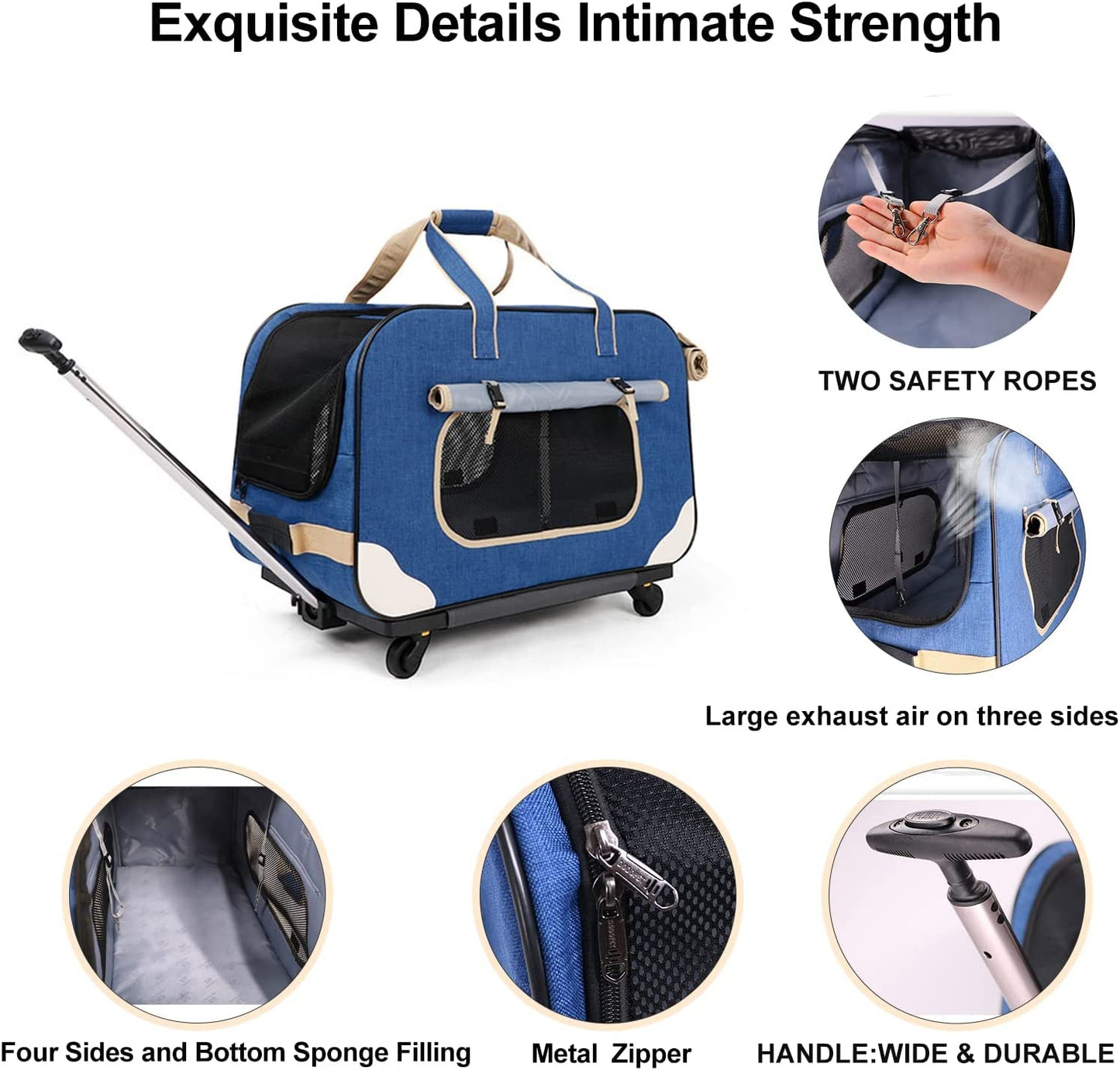 "Ultimate Comfort and Convenience: Deluxe Rolling Pet Carrier for Small to Medium Pets up to 35 lbs - Upgraded Material with Sponge Filling, Durable Handle, and Flexible Wheels - Breathable and Collapsible Design"