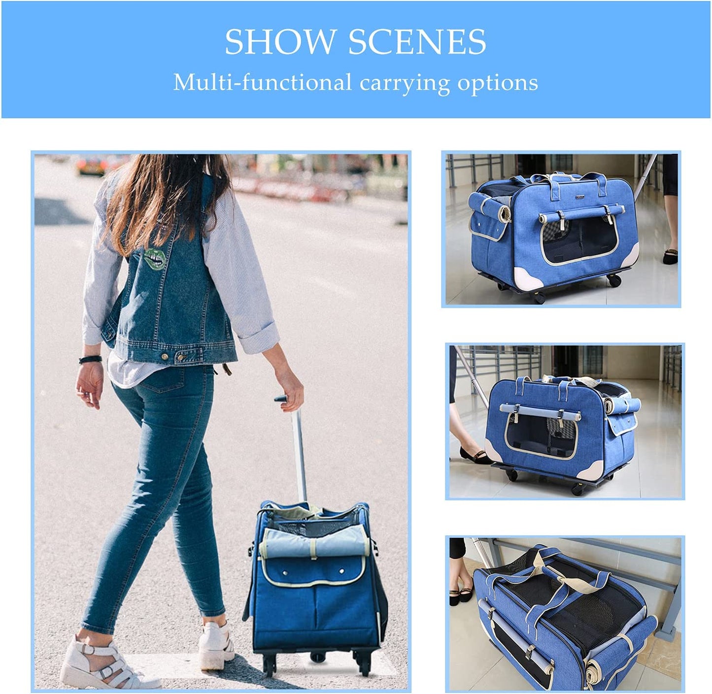 "Ultimate Comfort and Convenience: Deluxe Rolling Pet Carrier for Small to Medium Pets up to 35 lbs - Upgraded Material with Sponge Filling, Durable Handle, and Flexible Wheels - Breathable and Collapsible Design"