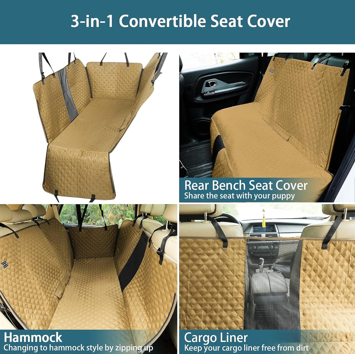 "Ultimate Dog Car Seat Cover: Protect Your Back Seat in Style with Scratchproof, Nonslip Hammock Design - Washable, Mesh Window, and Khaki Color - Ideal for Cars and Trucks!"