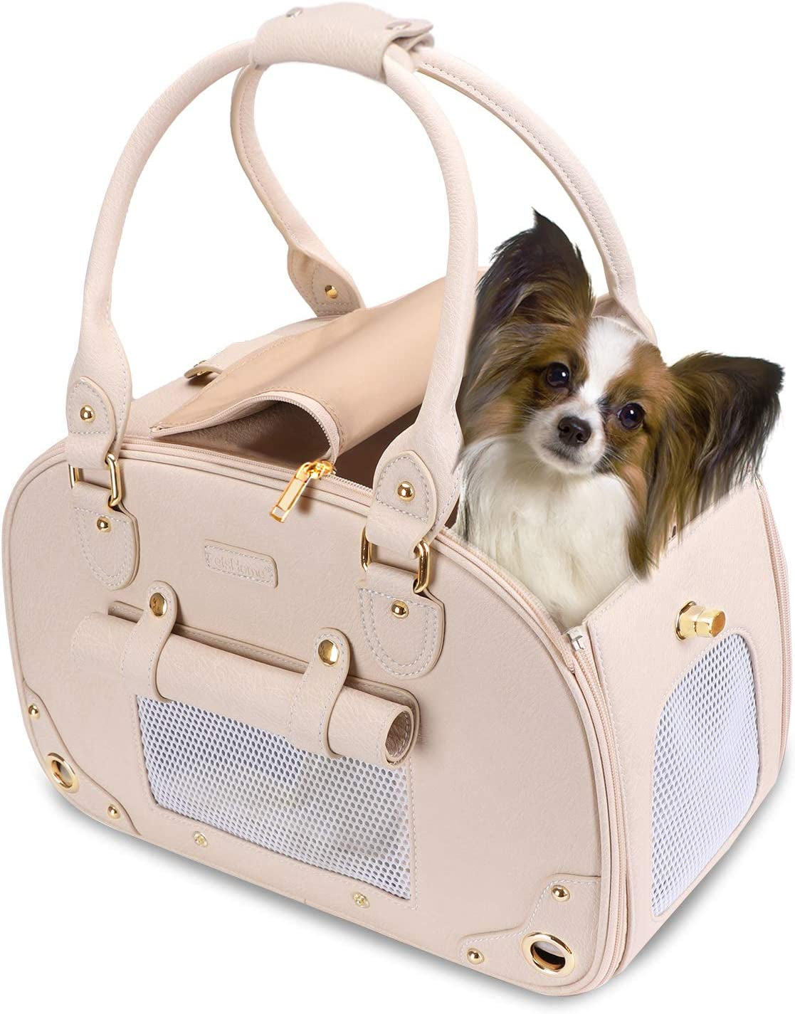 "Stylish and Practical Pet Carrier Purse - Perfect for Cats and Small Dogs - Foldable, Waterproof, and Premium Leather - Ideal for Travel and Outdoor Adventures - Beige"