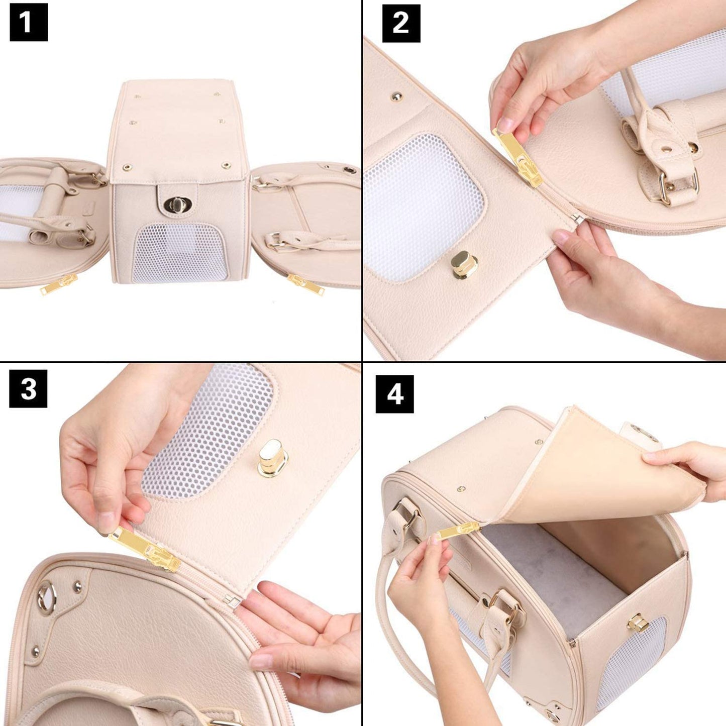 "Stylish and Practical Pet Carrier Purse - Perfect for Cats and Small Dogs - Foldable, Waterproof, and Premium Leather - Ideal for Travel and Outdoor Adventures - Beige"