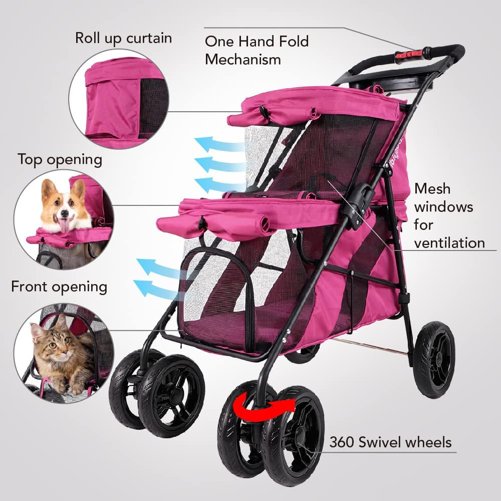 "Deluxe Double Pet Stroller: Stylish Red Velvet Design for Twin or Multiple Small and Medium Pets - Lightweight, Sturdy, and Foldable with Mesh Windows - Perfect for Dogs and Cats!"