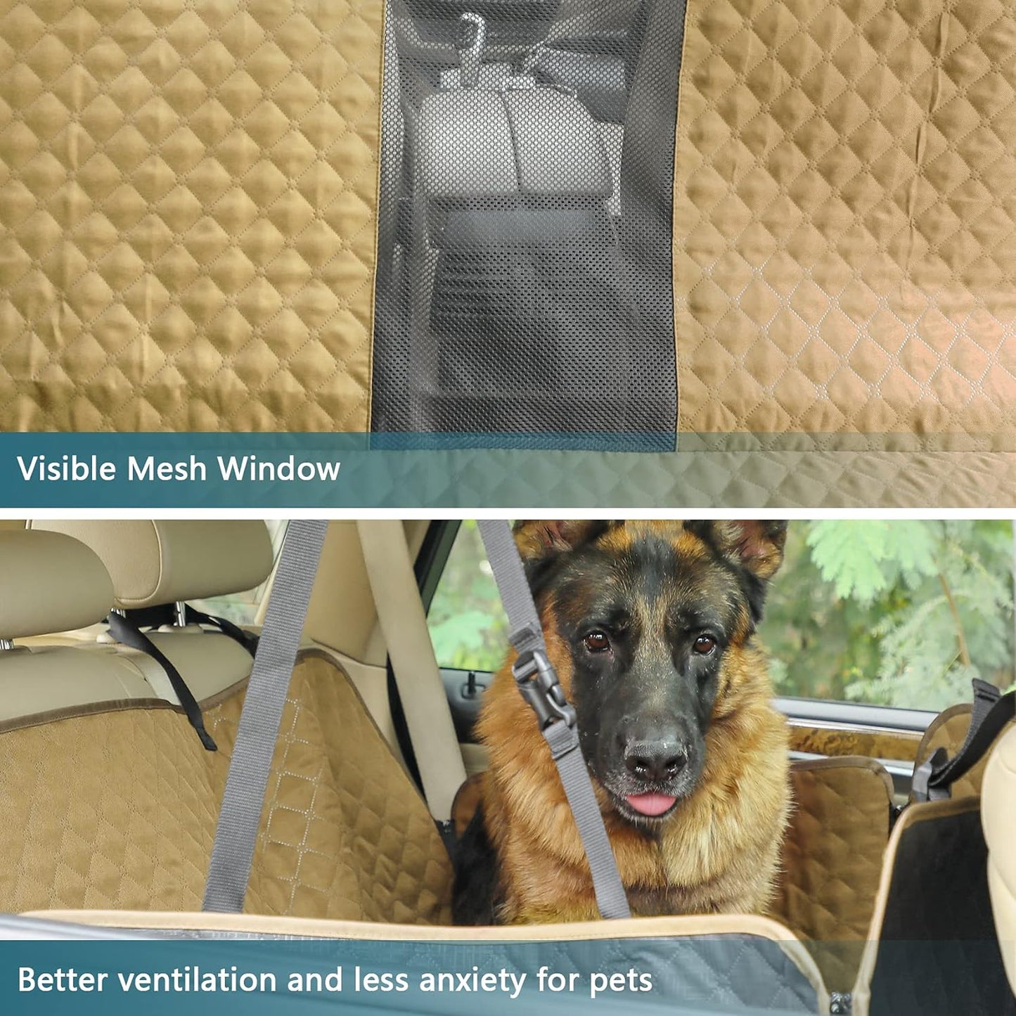"Ultimate Dog Car Seat Cover: Protect Your Back Seat in Style with Scratchproof, Nonslip Hammock Design - Washable, Mesh Window, and Khaki Color - Ideal for Cars and Trucks!"