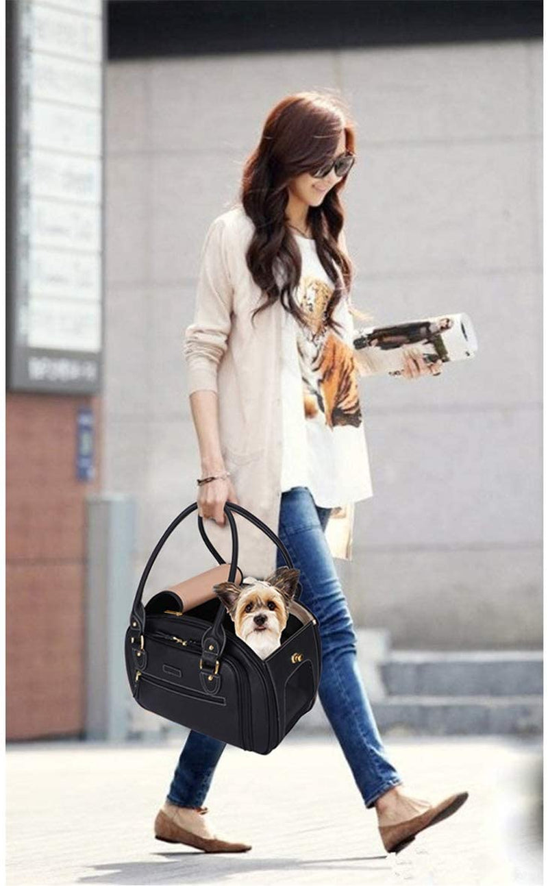 "Luxury Leather Pet Carrier - Stylish, Expandable, and Airline Approved for Cats and Small Dogs - Perfect for Home and Outdoor Travel"