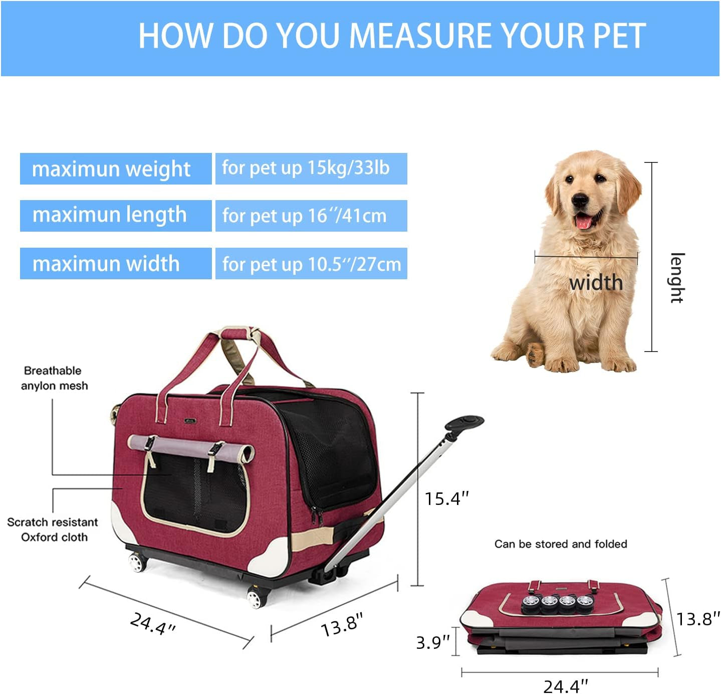 "Ultimate Comfort and Convenience: Deluxe Rolling Pet Carrier with Upgraded Sponge Filling, Sturdy Handle, and Smooth Wheels - Perfect for Small to Medium Pets up to 35 lbs!"