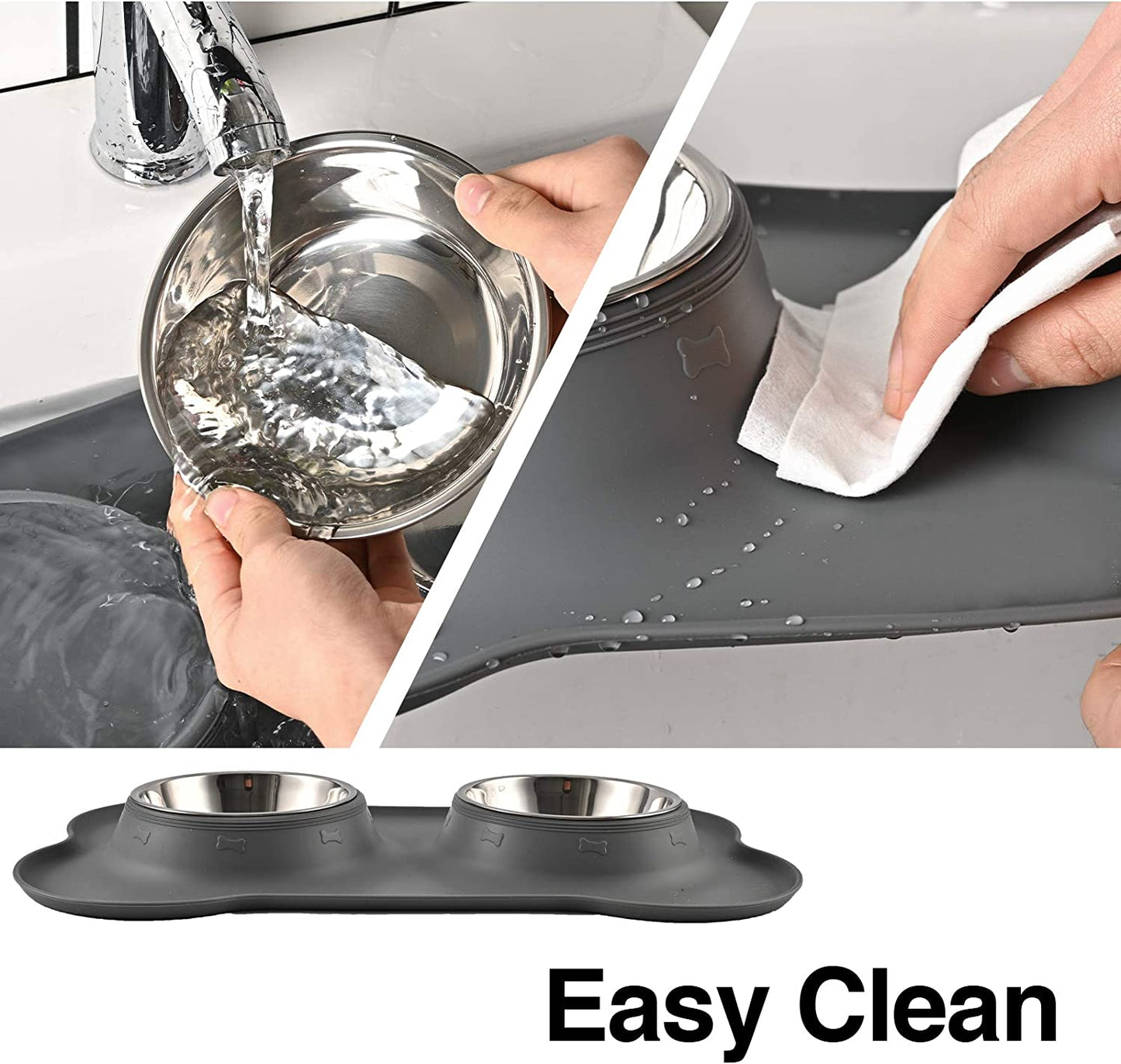"Ultimate Pet Feeding Set: Non-Spill Stainless Steel Dog Bowls with Skid-Resistant Silicone Mat - Perfect for Small to Medium Sized Cats and Dogs!"