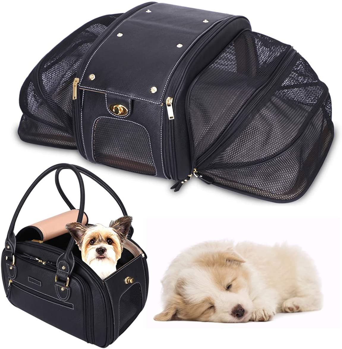 "Luxury Leather Pet Carrier - Stylish, Expandable, and Airline Approved for Cats and Small Dogs - Perfect for Home and Outdoor Travel"