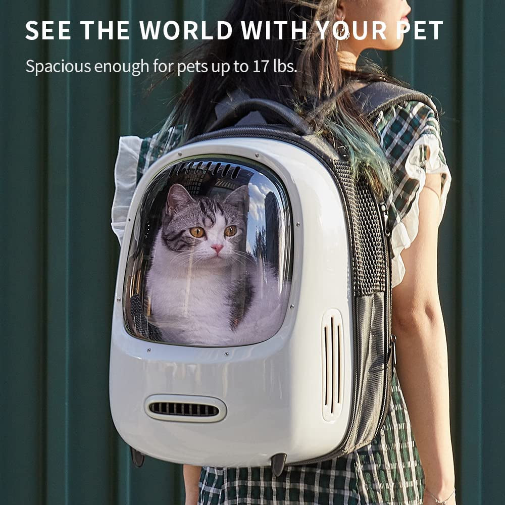 "Stay Cool and Comfortable on Your Adventures with the Ultimate Ventilated Cat Backpack Carrier: Built-in Fan & Light Included!"