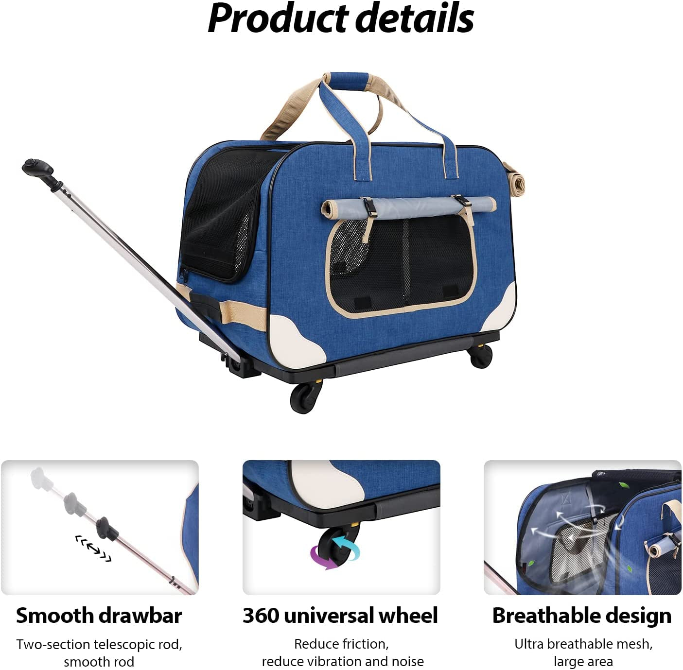 "Ultimate Comfort and Convenience: Deluxe Rolling Pet Carrier for Small to Medium Pets up to 35 lbs - Upgraded Material with Sponge Filling, Durable Handle, and Flexible Wheels - Breathable and Collapsible Design"