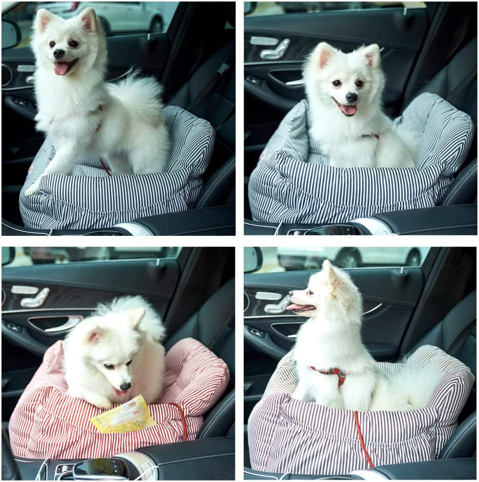 "Ultimate Dog Car Seat: Travel in Style and Safety with Pet Booster Seat and Storage Pocket (Coffee Stripe)"