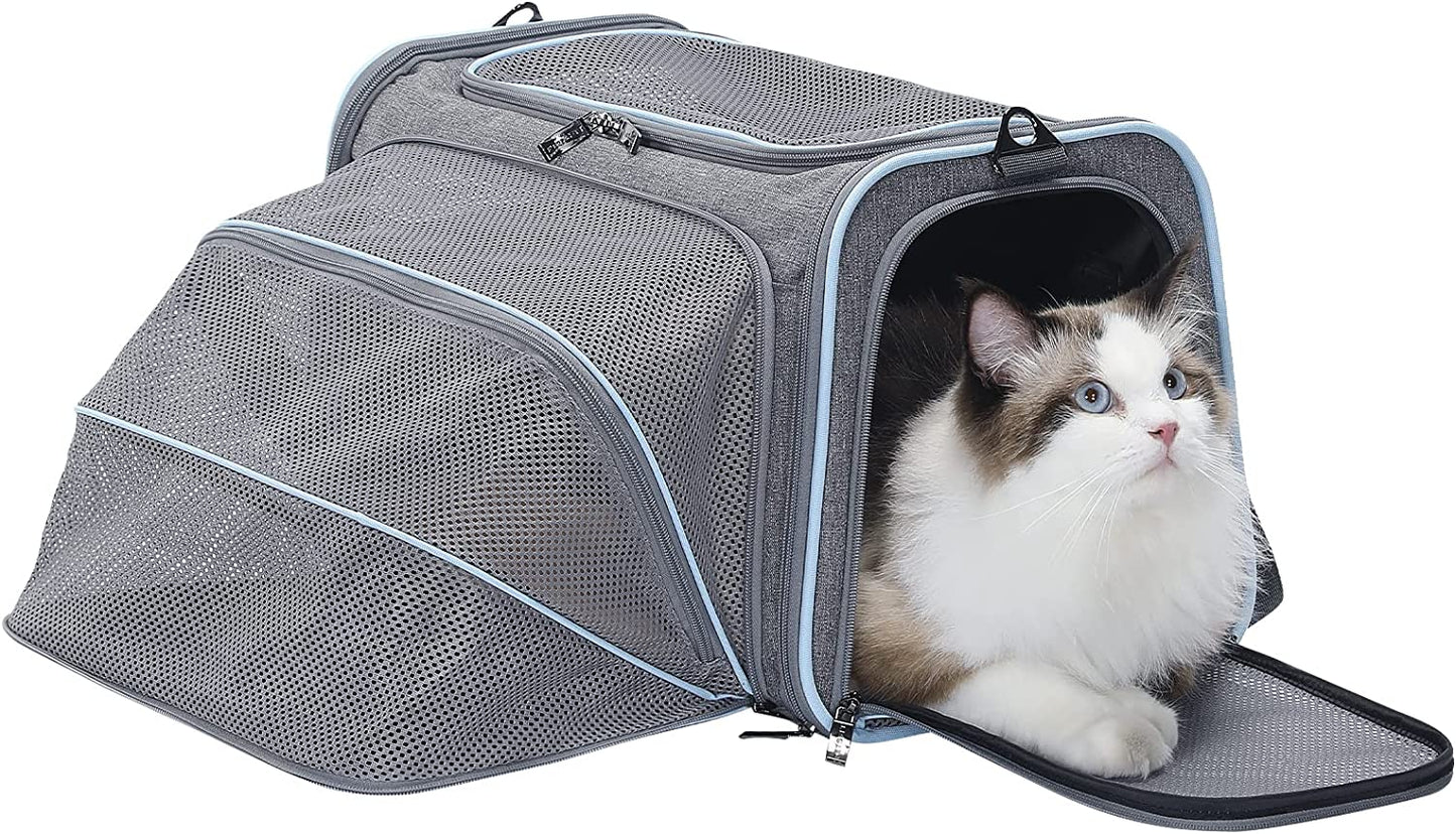 "Ultimate Comfort and Convenience: Expandable Cat and Dog Carrier - Airline Approved, Washable, and Portable - Perfect for Kittens, Puppies, and Small Pets - Includes Removable Plush Mat and Pockets - Secure Locking Safety Zippers"