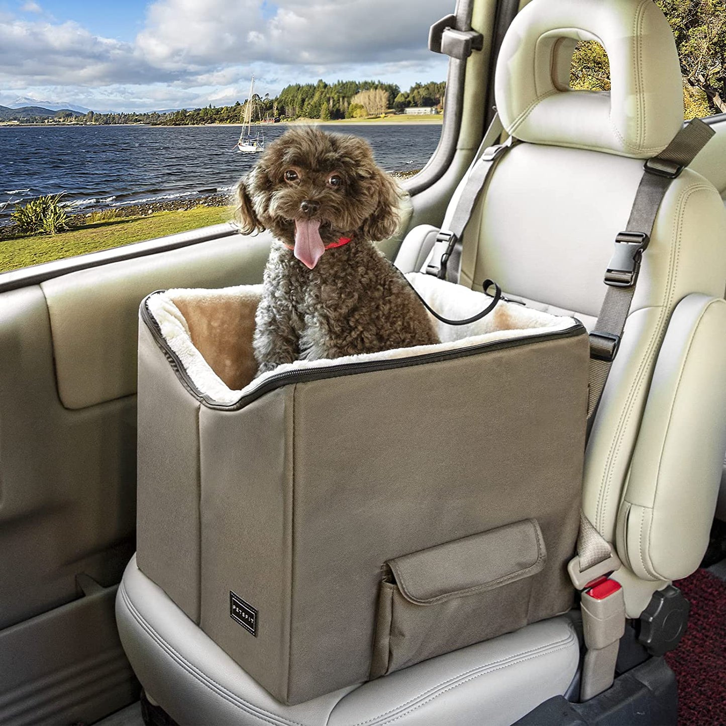 "Travel in Style and Safety with our Small Dog/Cat Booster Seat - Perfect for Cars, Trucks, and SUVs! (Dark Brown, with Convenient Pockets)"