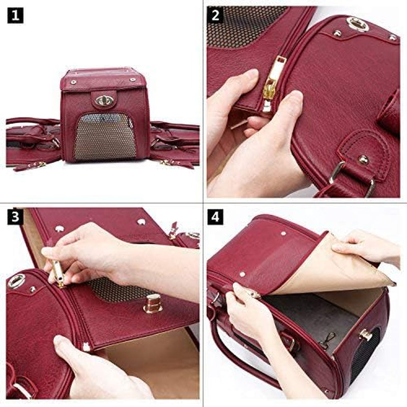 "Stylish Wine Red Pet Carrier Purse - Luxury Foldable Waterproof Leather Bag for Cats and Small Dogs - Perfect for Home and Outdoor Travel!"
