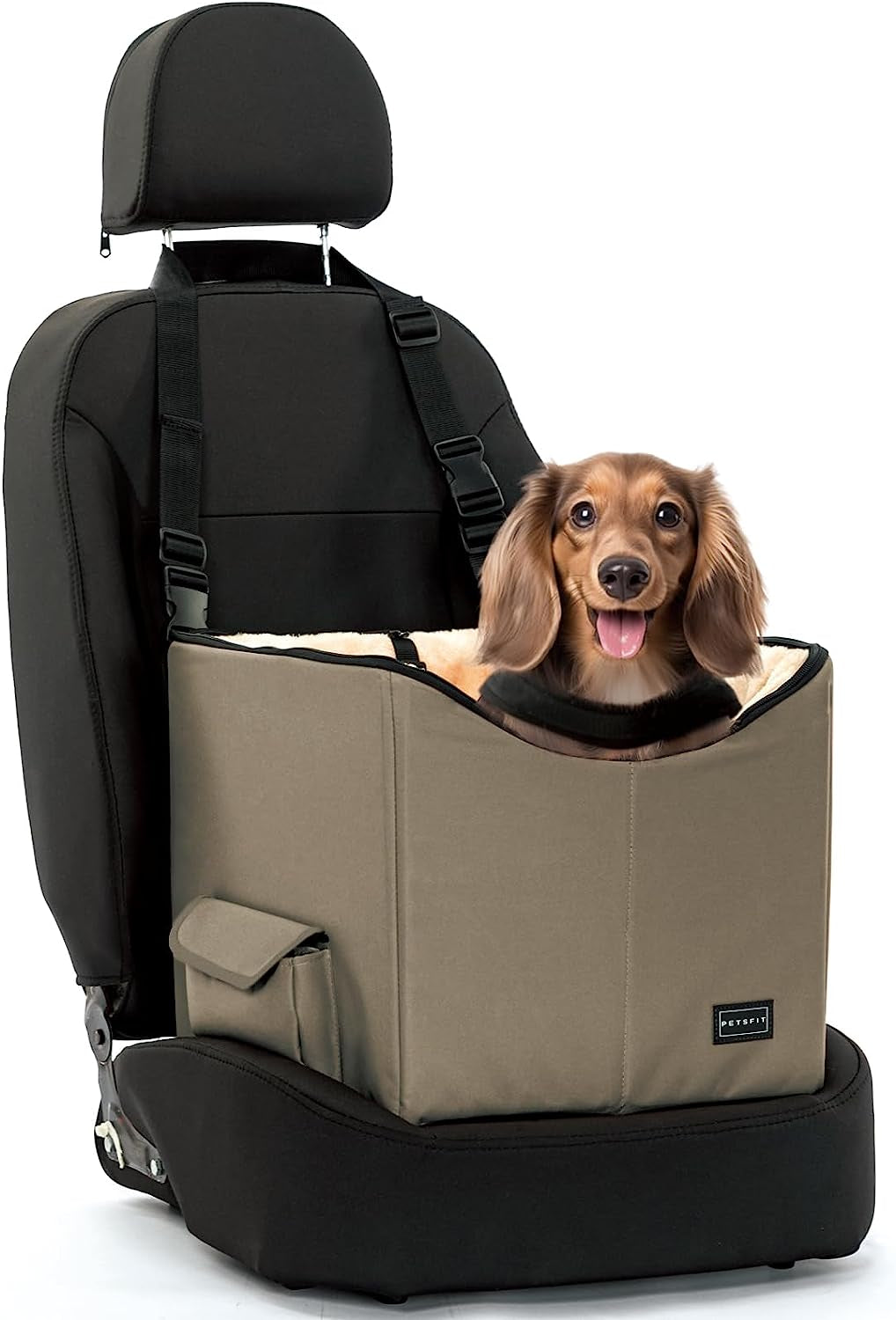 "Travel in Style and Safety with our Small Dog/Cat Booster Seat - Perfect for Cars, Trucks, and SUVs! (Dark Brown, with Convenient Pockets)"