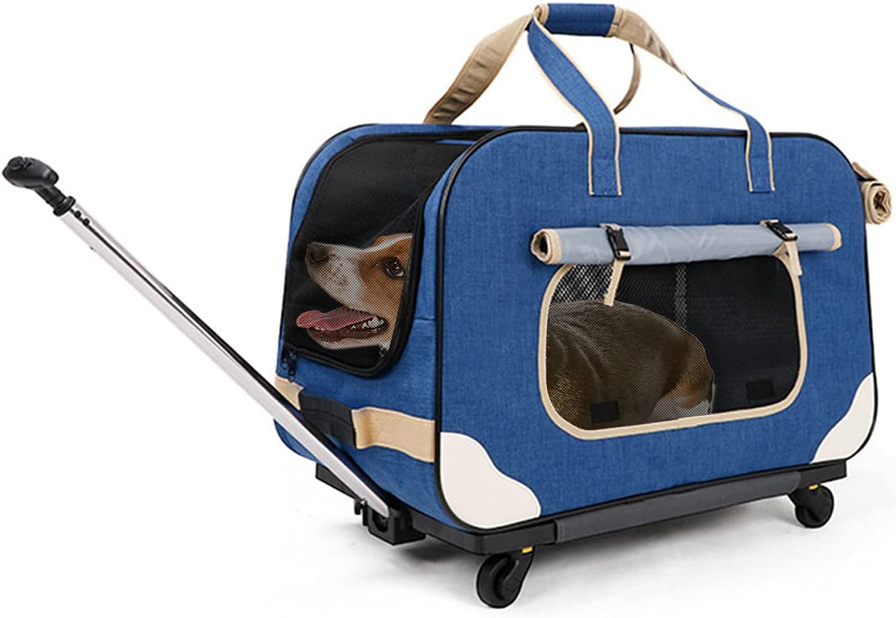 "Ultimate Comfort and Convenience: Deluxe Rolling Pet Carrier for Small to Medium Pets up to 35 lbs - Upgraded Material with Sponge Filling, Durable Handle, and Flexible Wheels - Breathable and Collapsible Design"