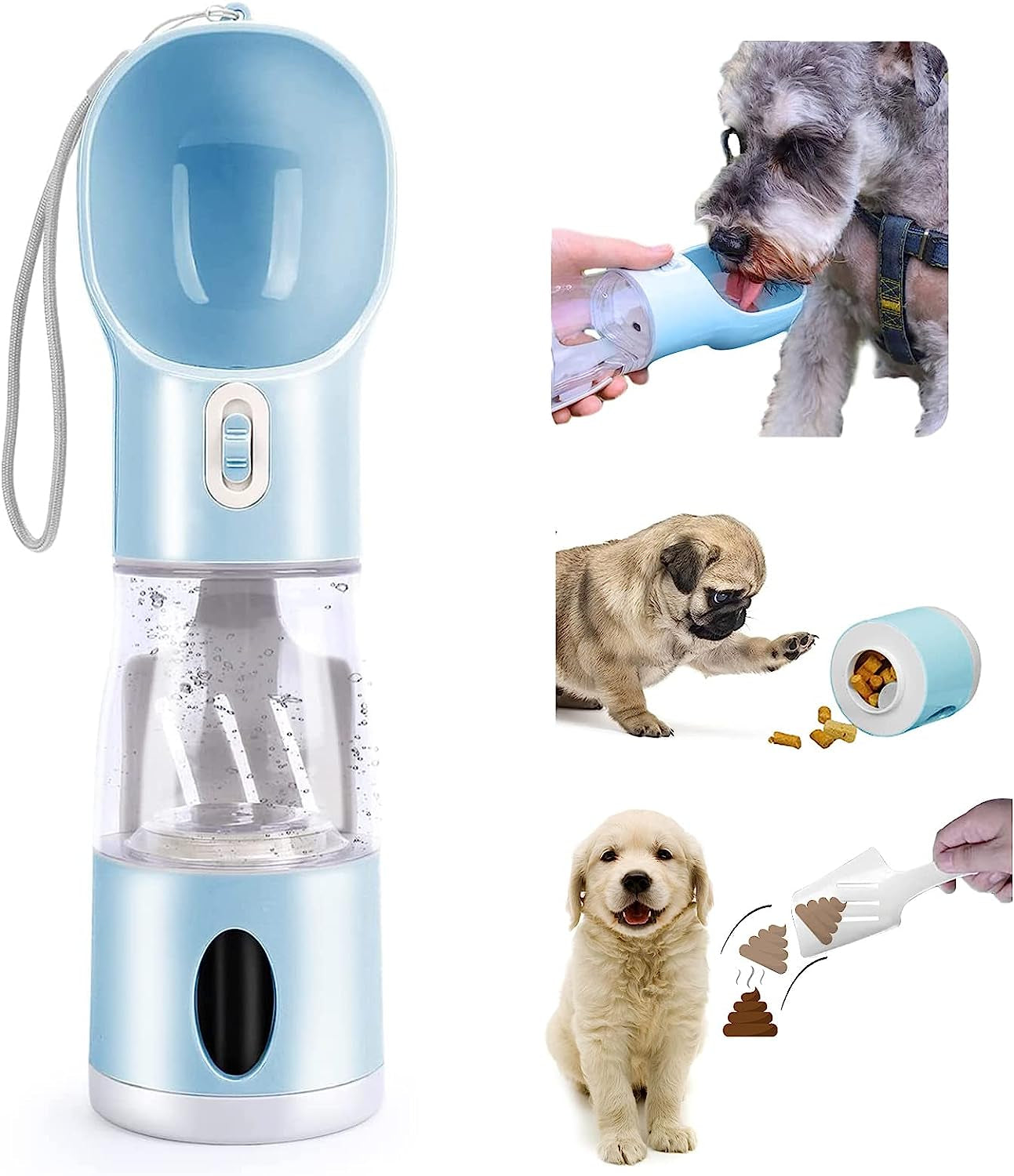 "Travel with Ease: The Perfect 4-in-1 Dog Water Bottle - Leakproof, Convenient Feeder, Waste Bag, and Poop Shovel - Your Ultimate Companion for Pets on the Go!"