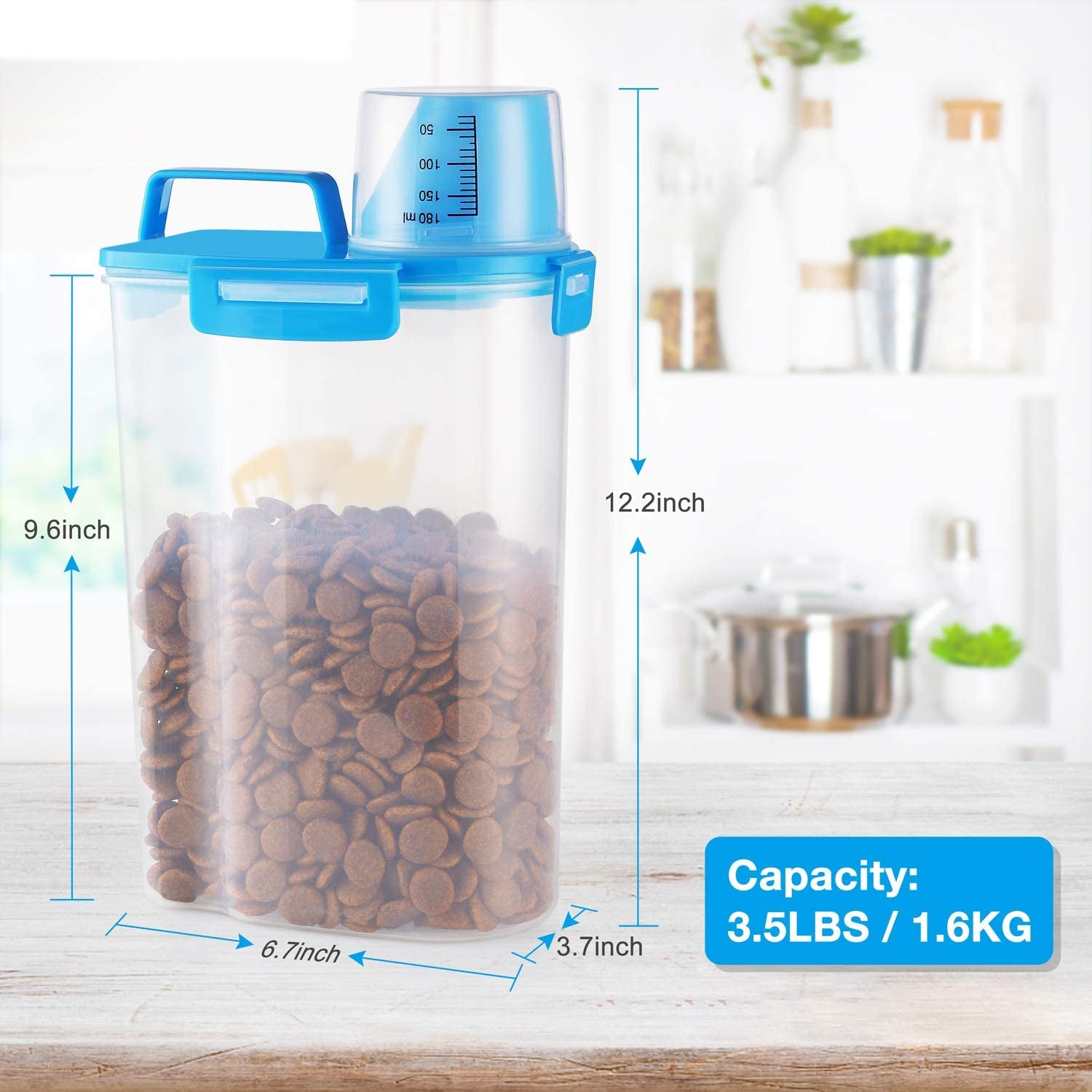 "Convenient Pet Food Storage Container with Measuring Cup and Airtight Seal - Perfect for Dogs, Cats, and Birds!"