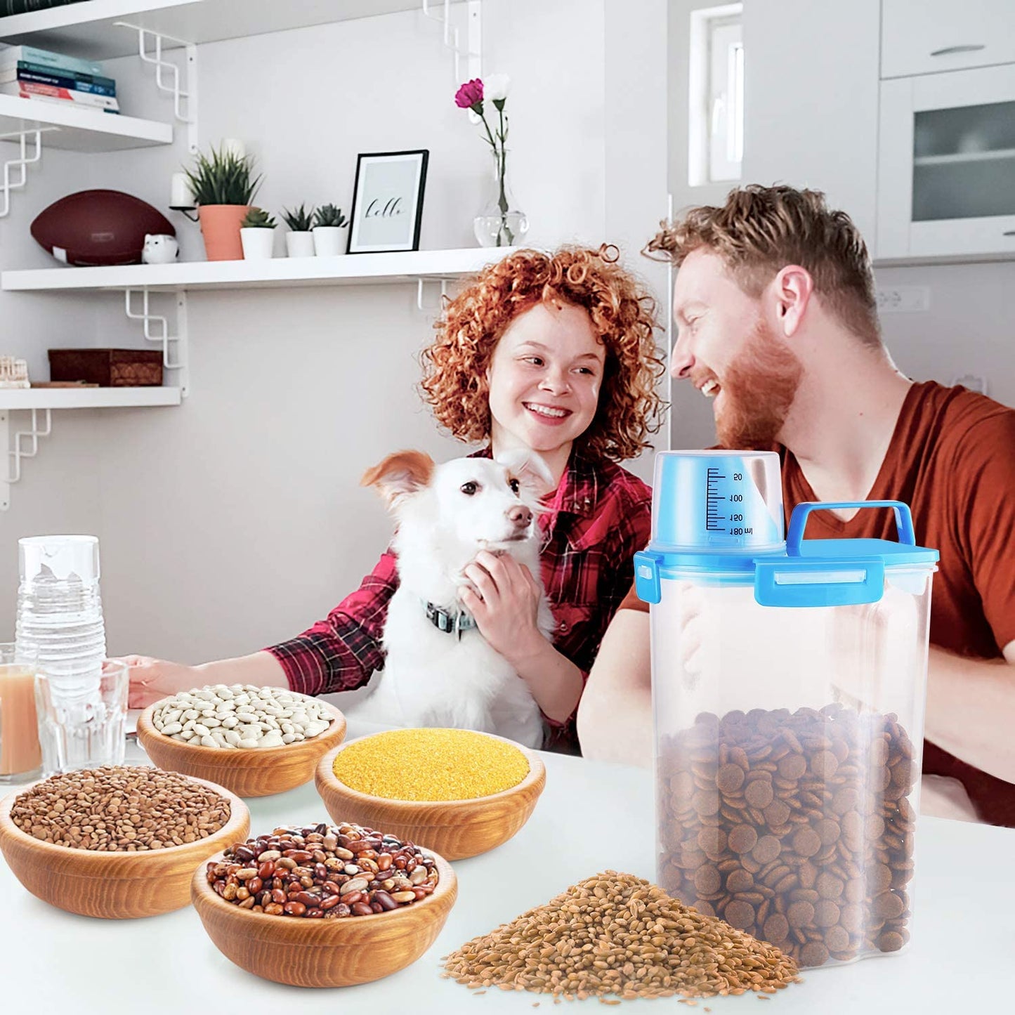 "Convenient Pet Food Storage Container with Measuring Cup and Airtight Seal - Perfect for Dogs, Cats, and Birds!"