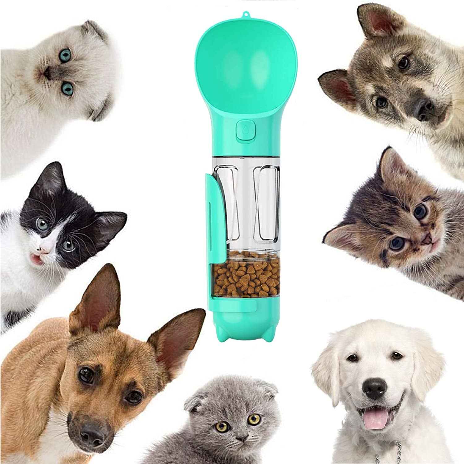 "Ultimate Travel Companion for Dogs - 4-in-1 Water Bottle with Food Storage, Shovel, and Garbage Bags - Perfect for Hiking and Traveling with Your Furry Friend (Turquoise)"