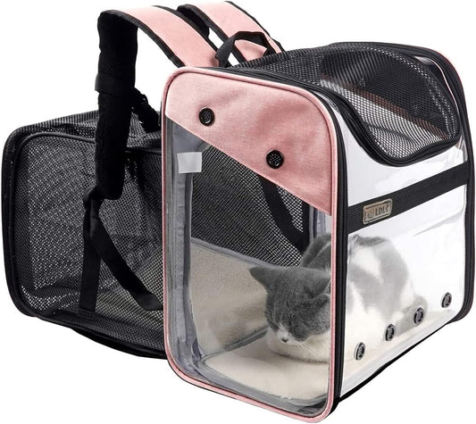 Pet Carrier Backpack Puppy Dogs Cats - Expandable Transparent Transport Bag Foldable Top Opening Head Out Breathable Design for Travel Daily Use Airline Approved for Pets up to 10Kg (Pink)