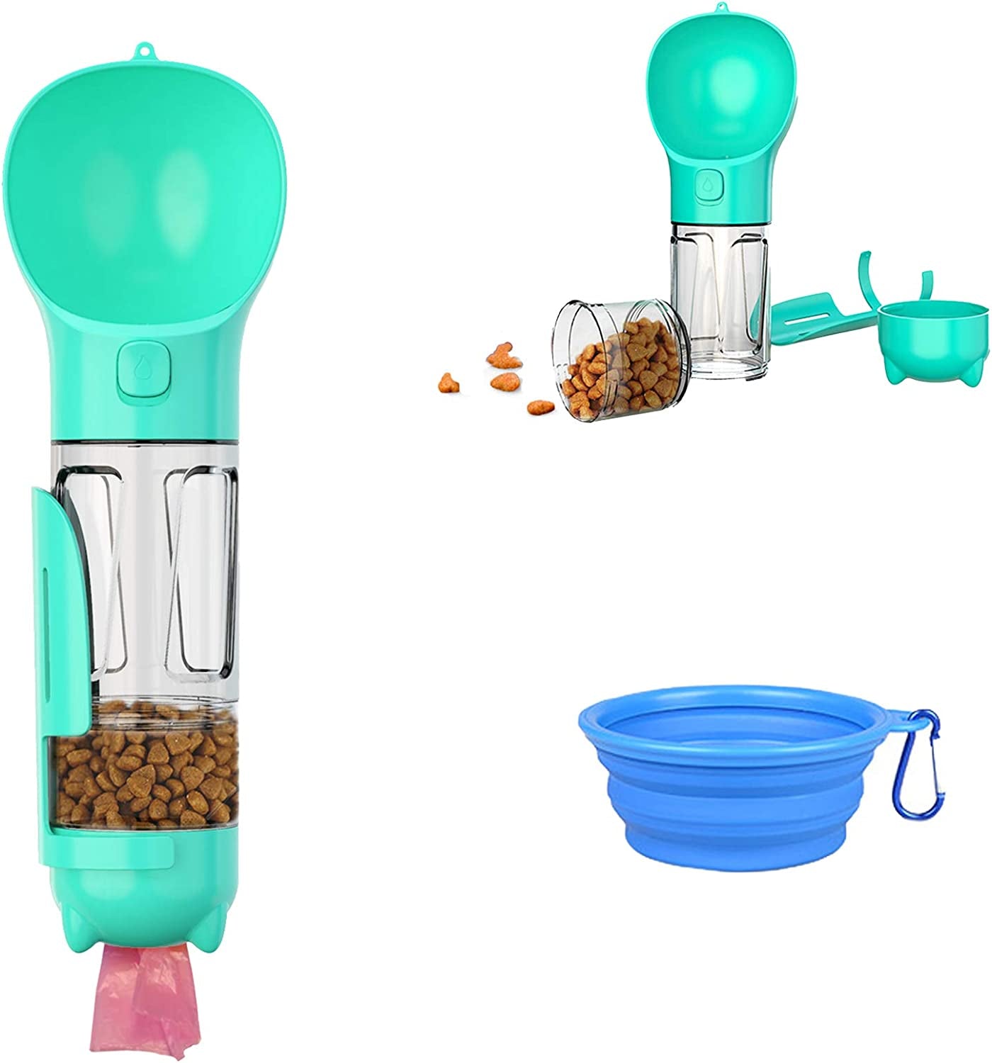 "Ultimate Travel Companion for Dogs - 4-in-1 Water Bottle with Food Storage, Shovel, and Garbage Bags - Perfect for Hiking and Traveling with Your Furry Friend (Turquoise)"