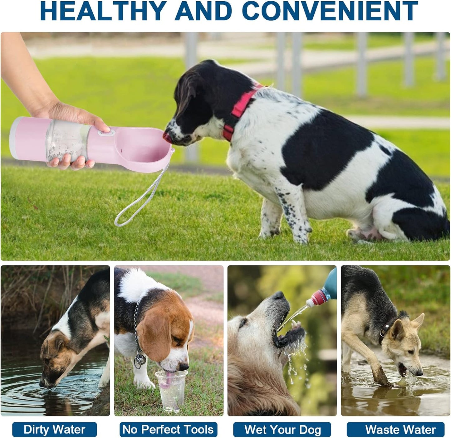 "4-in-1 Portable Dog Water Bottle - Leakproof and Convenient Pet Water Dispenser with Bonus Accessories for Walking and Travel - Stylish Pink Design"